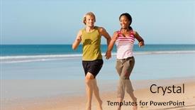  Presentation with woman sport - Theme consisting of young sport couple - caucasian man and african-american woman - jogging on the beach in a playful mode background and a coral colored foreground