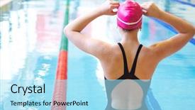  Presentation with swimming pool - PPT theme enhanced with portrait of a happy female student sitting on the desk with pile of books in university library and looking at camera background and a light gray colored foreground