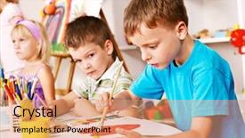  Presentation with children painting - Amazing slide set having kid club - children painting at easel backdrop and a coral colored foreground