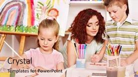  Presentation with children painting - Cool new slide deck with santa claus and snowman with christmas tree gift box and christmas ball over circle golden bokeh background backdrop and a coral colored foreground