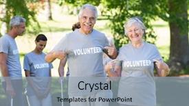  Presentation with senior couple - PPT theme featuring activities social activities - happy volunteer senior couple smiling background and a light blue colored foreground