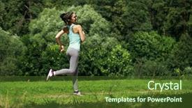  Presentation with complete - PPT theme featuring activity completion - athletic happy brunette woman working background and a  colored foreground