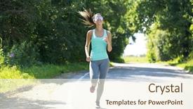  Presentation with complete - Colorful presentation design enhanced with activity completion - athletic happy brunette woman working backdrop and a  colored foreground