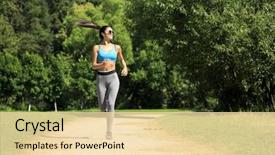  Presentation with working - Slide deck featuring activity completion - athletic happy brunette woman working background and a lemonade colored foreground