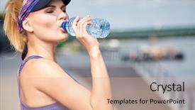  Presentation with drinking water - Audience pleasing slide deck consisting of activity completion - blonde fitness woman drinking water backdrop and a  colored foreground