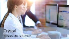  Presentation with computers - Audience pleasing PPT layouts consisting of activity diagrams - business team working on computers backdrop and a light blue colored foreground