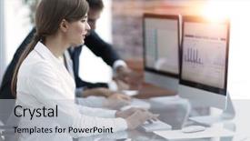  Presentation with finance computers - Beautiful slide deck featuring activity diagrams - business team working on computers backdrop and a light gray colored foreground