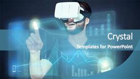  Presentation with touch screen technology - Amazing presentation design having activity diagrams - young caucasian in vr-headset is backdrop and a teal colored foreground