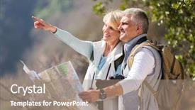  Presentation with mountain top - Beautiful PPT theme featuring binoculars map - active mid age hikers backdrop and a coral colored foreground