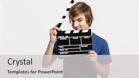  Presentation with actor - Slide deck with actor - casual young man holding background and a light gray colored foreground