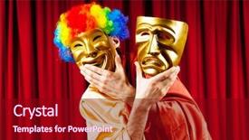  Presentation with actor - Colorful PPT theme enhanced with actor with maks in a funny theater concept backdrop and a crimson colored foreground