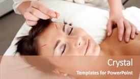  Presentation with needle - Beautiful presentation theme featuring acupuntura - needle being stimulated in face backdrop and a coral colored foreground