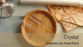  Presentation with needles - Beautiful PPT theme featuring acupunture - acupuncture needles on wooden table backdrop and a coral colored foreground