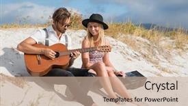  Presentation with young happy couple - Presentation theme with acustics - happy couple playing guitar background and a coral colored foreground