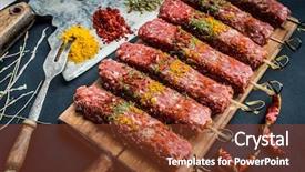  Presentation with old fashioned country kitchen - Slides with acute - raw kebab with spices background and a tawny brown colored foreground
