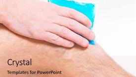  Presentation with knee pain - Theme with acute inflammation - man using cold gel compress background and a coral colored foreground