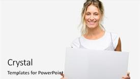  Presentation with blank - Colorful PPT theme enhanced with ad - young beautiful woman holding blank backdrop and a white colored foreground