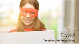  Presentation with hero mask woman - Cool new theme with ad offer or announcement backdrop and a coral colored foreground