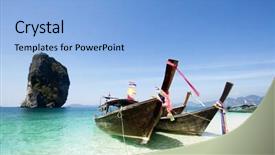  Presentation with boat tourism - Audience pleasing presentation consisting of adaman sea and wooden boat in thailand tourism background with sea beach backdrop and a light blue colored foreground
