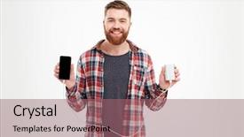  Presentation with mobile charging - Slide set consisting of adapters - attractive smiling man charging his background and a  colored foreground