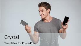  Presentation with mobile charging - PPT theme having adapters - portrait of a happy brunette background and a light gray colored foreground