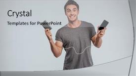  Presentation with mobile charging - Colorful slides enhanced with adapters - smiling casual man charging his backdrop and a light gray colored foreground