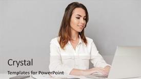  Presentation with woman office desk - PPT theme with add education - portrait of a happy young background and a  colored foreground