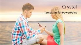  Presentation with sunset beach - Colorful theme enhanced with addicted woman - summer beach vacation technology addiction backdrop and a  colored foreground