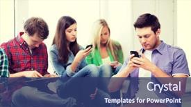  Presentation with education and internet - Presentation theme with concept - students looking into phone background and a ocean colored foreground