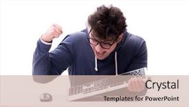  Presentation with computer - PPT theme featuring addiction anger - funny nerd man working background and a  colored foreground