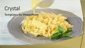  Presentation with pasta sauce - PPT layouts enhanced with adding cheese sauce to delicious pasta on wooden background background and a lemonade colored foreground