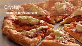  Presentation with mozzarella cheese - PPT theme having adding mozzarella cheese to a pizza slices background and a coral colored foreground