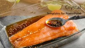  Presentation with salmon dish - Slide deck featuring adding soy mustard marinade in baking dish with salmon fillet on table background and a gold colored foreground