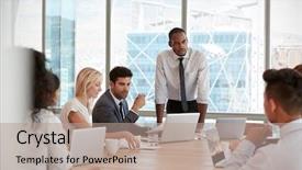  Presentation with board meeting - Audience pleasing slide deck consisting of address meeting around board backdrop and a coral colored foreground