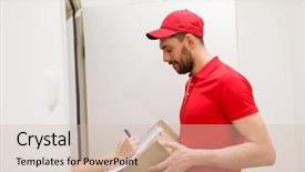  Presentation with people grief and mourning concept - Beautiful slide deck featuring addressee - delivery mail people and shipping backdrop and a soft green colored foreground