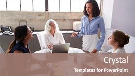  Presentation with meeting - Slide set featuring addressing female colleagues in meeting background and a coral colored foreground