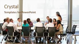  Presentation with meeting table - PPT theme having addressing meeting around boardroom table background and a sky blue colored foreground