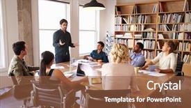  Presentation with team meeting - Cool new slides with addressing team meeting around table backdrop and a tawny brown colored foreground
