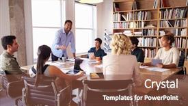  Presentation with virtual team meeting - Amazing slides having addressing team meeting around table backdrop and a tawny brown colored foreground