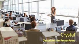  Presentation with office workers - Colorful presentation design enhanced with addressing workers in open plan backdrop and a tawny brown colored foreground