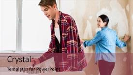  Presentation with new home - Cool new slides with adhesion - young man applying adhesive backdrop and a violet colored foreground