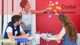  Presentation with team meeting - Slides having adhesive note - creative young team in meeting background and a red colored foreground