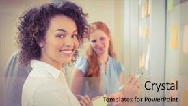  Presentation with brake the glass voice - Slide deck having adhesive note - portrait smiling businesswoman writing background and a soft green colored foreground