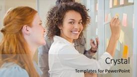  Presentation with looking glass - PPT layouts consisting of adhesive note - portrait smiling businesswoman writing background and a coral colored foreground