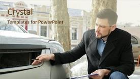  Presentation with car accident - Colorful presentation enhanced with adjuster inspecting car after accident backdrop and a soft green colored foreground