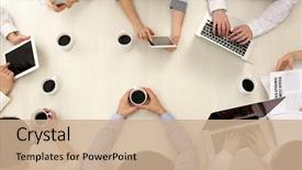  Presentation with desk - Beautiful theme featuring administration - group of business people working backdrop and a coral colored foreground