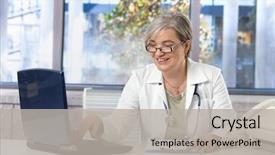  Presentation with paperwork - Cool new PPT layouts with administration - happy female doctor working backdrop and a light gray colored foreground