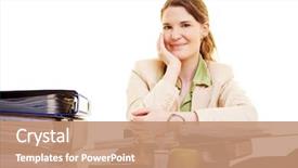  Presentation with files - Cool new slides with administration - happy young businesswoman sitting backdrop and a coral colored foreground