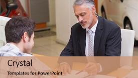  Presentation with new deal - Slides with administration - salesman showing client where background and a coral colored foreground