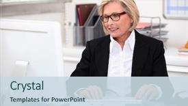  Presentation with work secretary asia - Slide set featuring administration - senior secretary at work background and a sky blue colored foreground